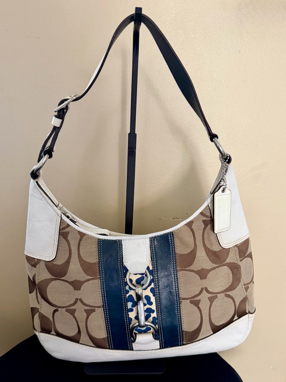 Coach Beige Signature Canvas Hobo with White and Blue Accents